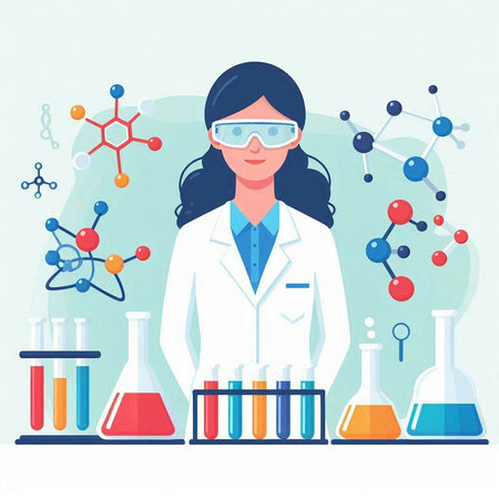 Female scientist in lab coat and glasses. Vector illustration in flat styleのイラスト素材