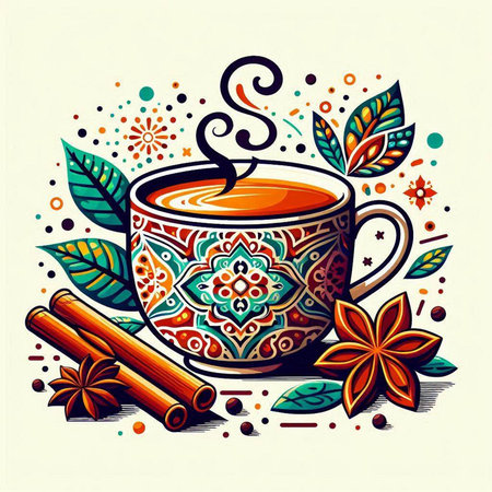 Cup of tea with cinnamon and star anise. Vector illustration.のイラスト素材