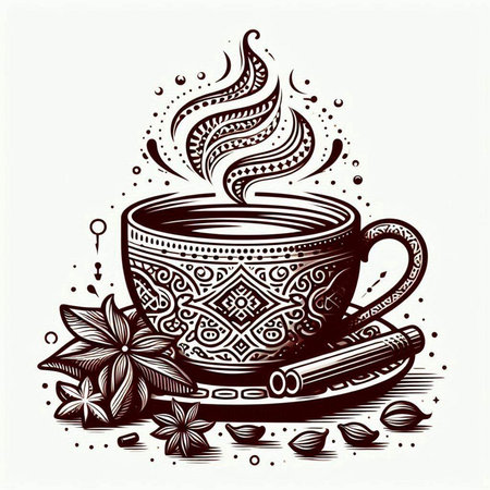 Cup of coffee and spices. Hand drawn vector illustration. Vintage style.のイラスト素材