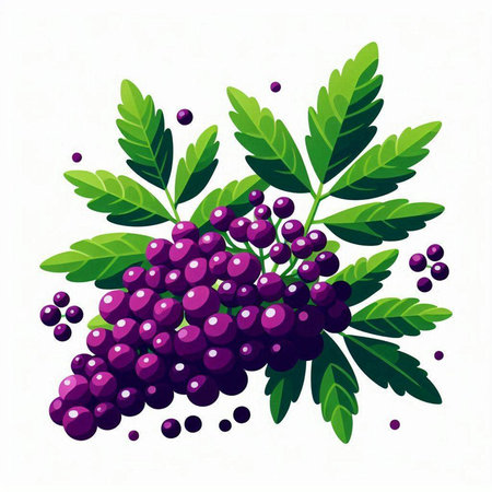 Bunch of purple grapes with green leaves isolated on white background.のイラスト素材