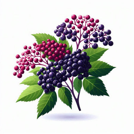 Elderberry branch with berries isolated on white background. Vector illustration.のイラスト素材
