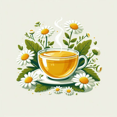Cup of herbal tea with chamomile flowers and leavesのイラスト素材