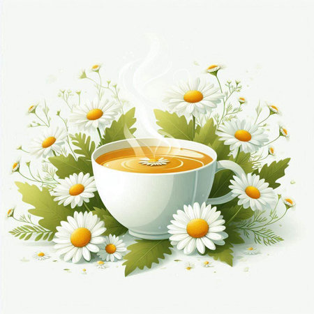 Cup of herbal tea with chamomile flowers on white backgroundのイラスト素材