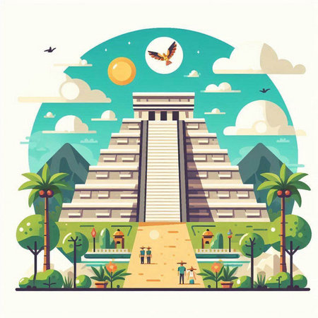 Ancient Mayan pyramid in the park. Vector illustration in flat styleのイラスト素材