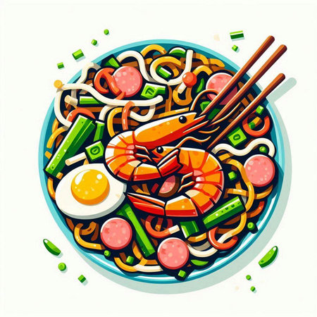 Noodles with shrimps and vegetables in bowl. Vector illustration.のイラスト素材