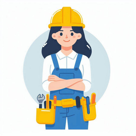 Female construction worker. Vector illustration in a flat style on a white background.のイラスト素材
