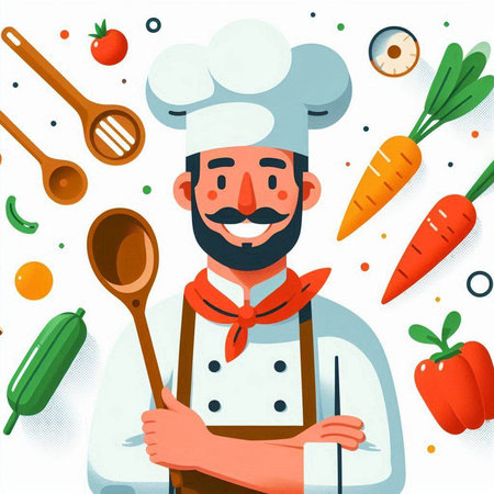 Chef with vegetables. Vector illustration in cartoon style on white background.のイラスト素材