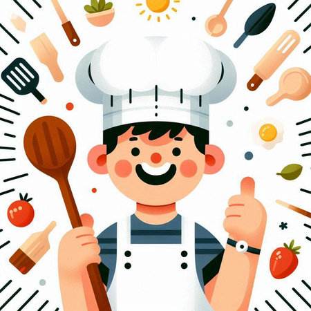 Vector illustration of a boy in a chef hat and apron holding a wooden spoon and showing thumbs up.のイラスト素材