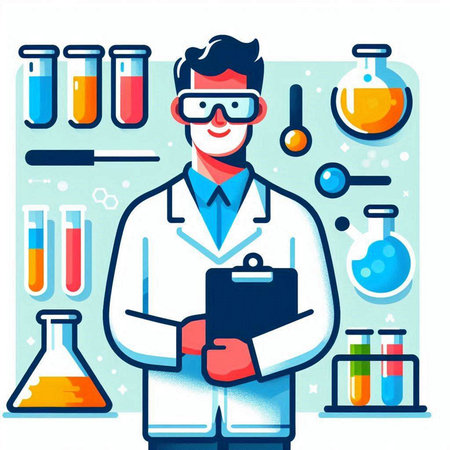 Scientist in chemical laboratory. Vector illustration in flat style. Cartoon character.のイラスト素材