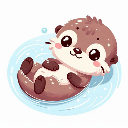 Cute cartoon baby otter floating on the water. Vector illustration.のイラスト素材