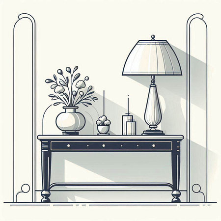 Vector illustration of a nightstand with a lamp and a vase with flowers.のイラスト素材