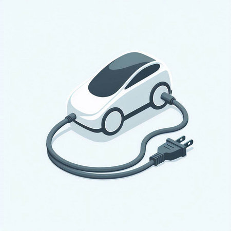 Electric car with plug. 3d isometric vector illustration on white background.のイラスト素材