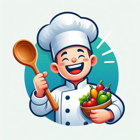 Chef holding a wooden spoon and a bowl of vegetables. Vector illustration.のイラスト素材