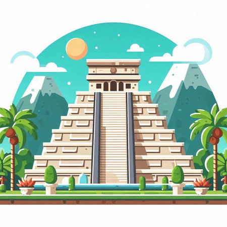 Ancient Mayan pyramid with palm trees and mountains. Vector illustration.のイラスト素材