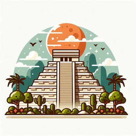 Ancient Mayan pyramid in the jungle. Vector illustration in flat styleのイラスト素材