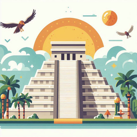Egyptian pyramid with palm trees, sun and birds. Vector illustrationのイラスト素材