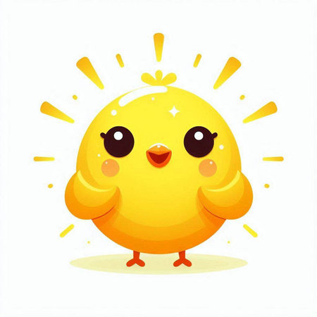 Cute yellow chicken with sunburst on white background. Vector illustration.のイラスト素材