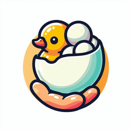 Cute cartoon chick hatched from an egg in hand. Vector illustration.のイラスト素材