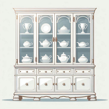 Cabinet with cups and saucers, vector illustration.のイラスト素材