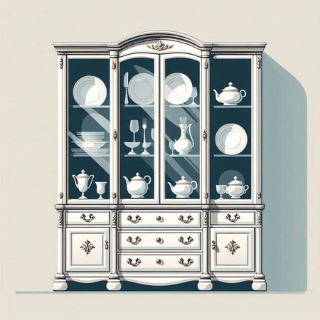Vintage porcelain cupboard with dishes and dishes. Vector illustration.のイラスト素材