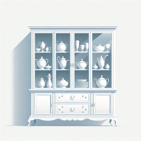 Illustration of a beautiful vintage cupboard with a set of dishesのイラスト素材