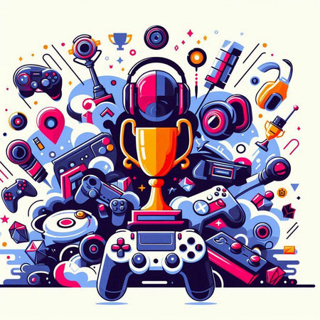 Colorful vector illustration of gamer equipment. Line art design for web, site, advertising, banner, poster, board and print.のイラスト素材