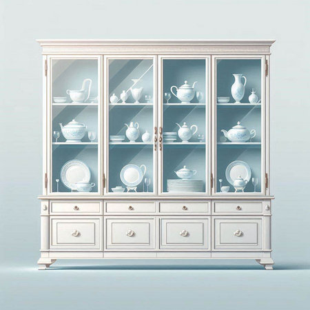 Cabinet with dishes on a blue background. 3d renderingのイラスト素材