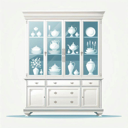 Cupboard with dishes and porcelain. Vector illustration.のイラスト素材