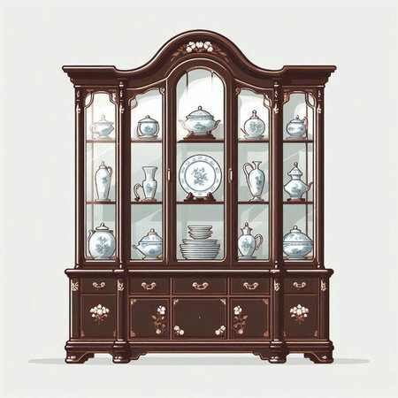 Vintage cupboard with porcelain dishes. Vector illustration.のイラスト素材
