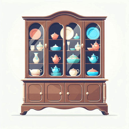Cabinet with dishes and teapot. Vector illustration.のイラスト素材