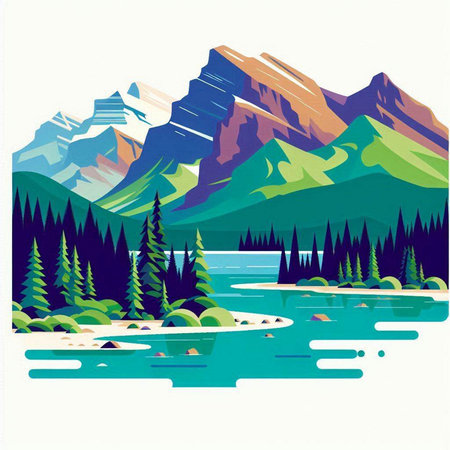 Mountains and lake with coniferous forest. Vector illustration.のイラスト素材