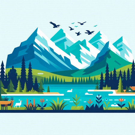 Landscape with mountains, lake, forest and birds. Vector illustrationのイラスト素材