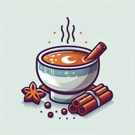 Cinnamon sticks and bowl of hot spicy soup. Vector illustration.のイラスト素材