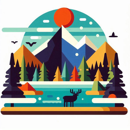 Mountain landscape with lake, forest and moose. Vector illustrationのイラスト素材