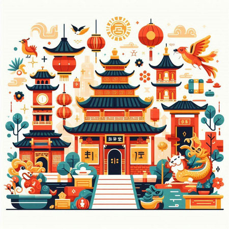 Vector illustration of chinese temple in flat style with oriental elements.のイラスト素材