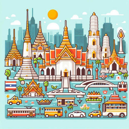 Thailand travel concept. Vector illustration of Bangkok cityscape with famous attractions.のイラスト素材