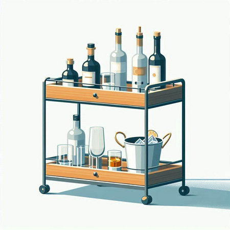 Vector illustration of a wooden shelf with bottles of wine and glasses.のイラスト素材