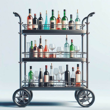 Trolley with bottles of wine on a gray background. 3d renderingのイラスト素材