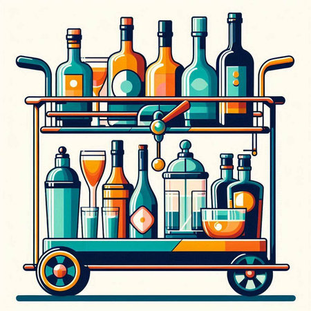 Bottles of wine on a trolley. Vector illustration in retro style.のイラスト素材