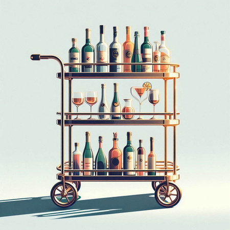 Trolley with bottles of wine and glasses on a gray background.のイラスト素材