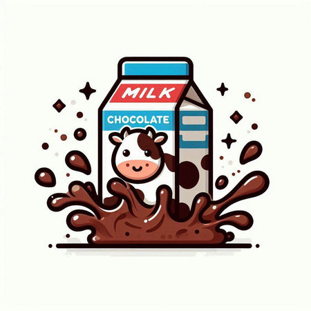 Milk box with cow and chocolate splash. Vector illustration isolated on white background.のイラスト素材
