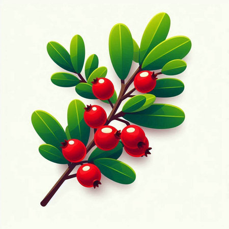 Cranberry branch with red berries and green leaves. Vector illustration.のイラスト素材