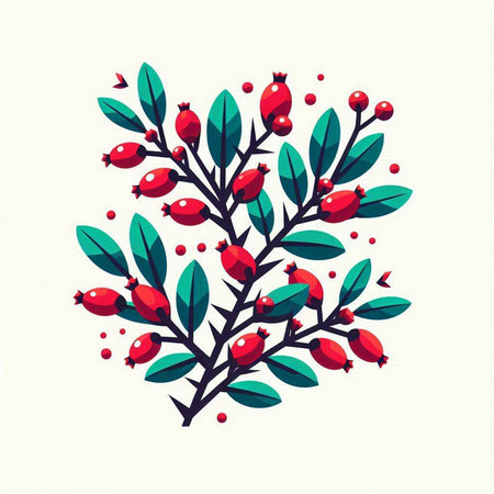 Hand drawn rosehip branch with berries and leaves. Vector illustration.のイラスト素材