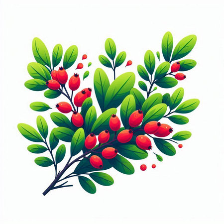 Branch with berries and green leaves isolated on white background. Vector illustration.のイラスト素材