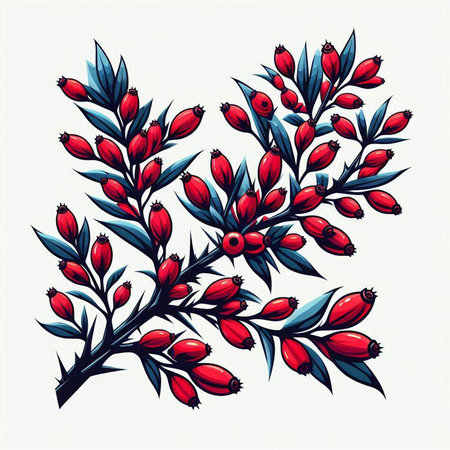 Hand drawn vector illustration of rosehip branch with berries and leaves.のイラスト素材