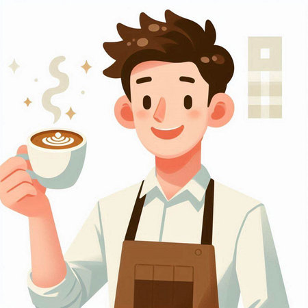 Young barista with a cup of coffee. Vector illustration in cartoon style.のイラスト素材