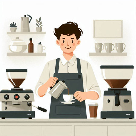 Illustration of a male barista preparing coffee in a coffee shopのイラスト素材