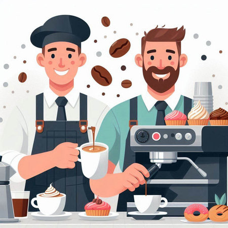 Coffee shop, barista and barista with coffee machine. Vector illustrationのイラスト素材