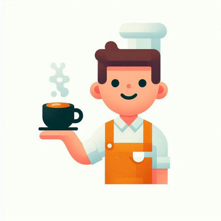 Chef holding a cup of coffee. Vector illustration in cartoon styleのイラスト素材