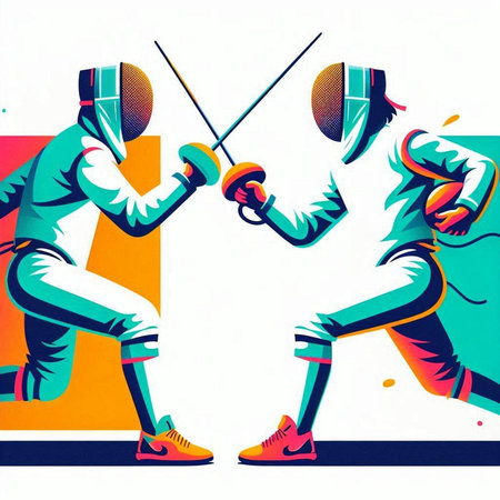 illustration of two fencers fighting on a white background, retro styleのイラスト素材